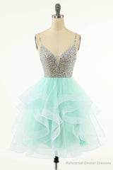 Mint Green Beaded Layered Tulle Homecoming Dress