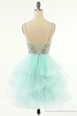 Mint Green Homecoming Dresses Straps V-Neck Multi-Layer Beaded Prom Dresses
