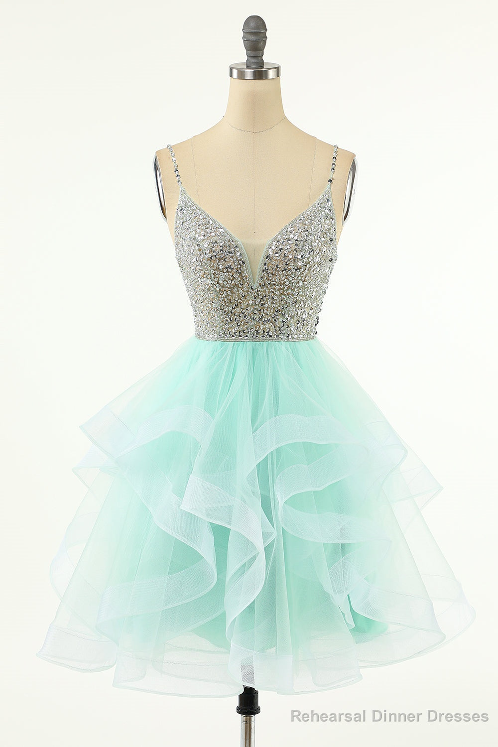 Mint Green Homecoming Dresses Straps V-Neck Multi-Layer Beaded Prom Dresses Main image