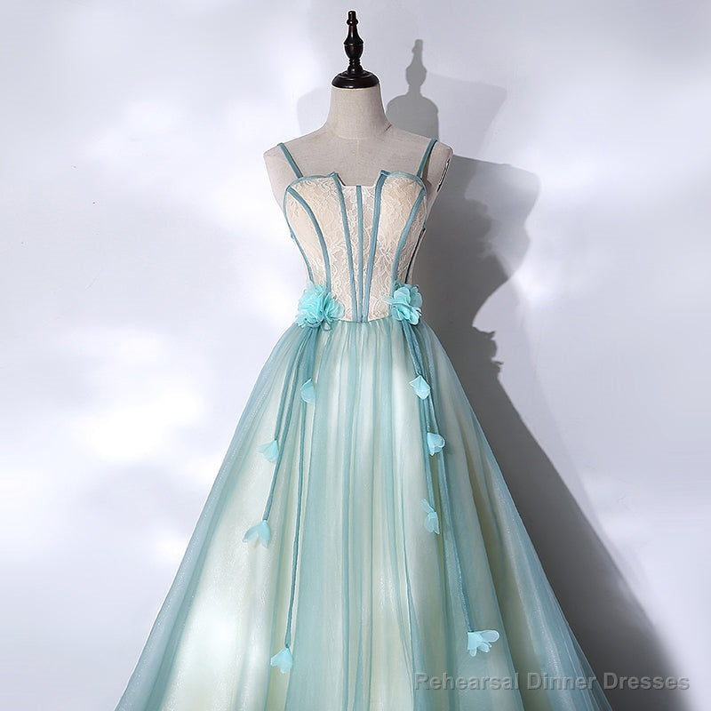 Mint Green Long Tulle with Lace Sweet 16 Dress, Long Party Dresses
