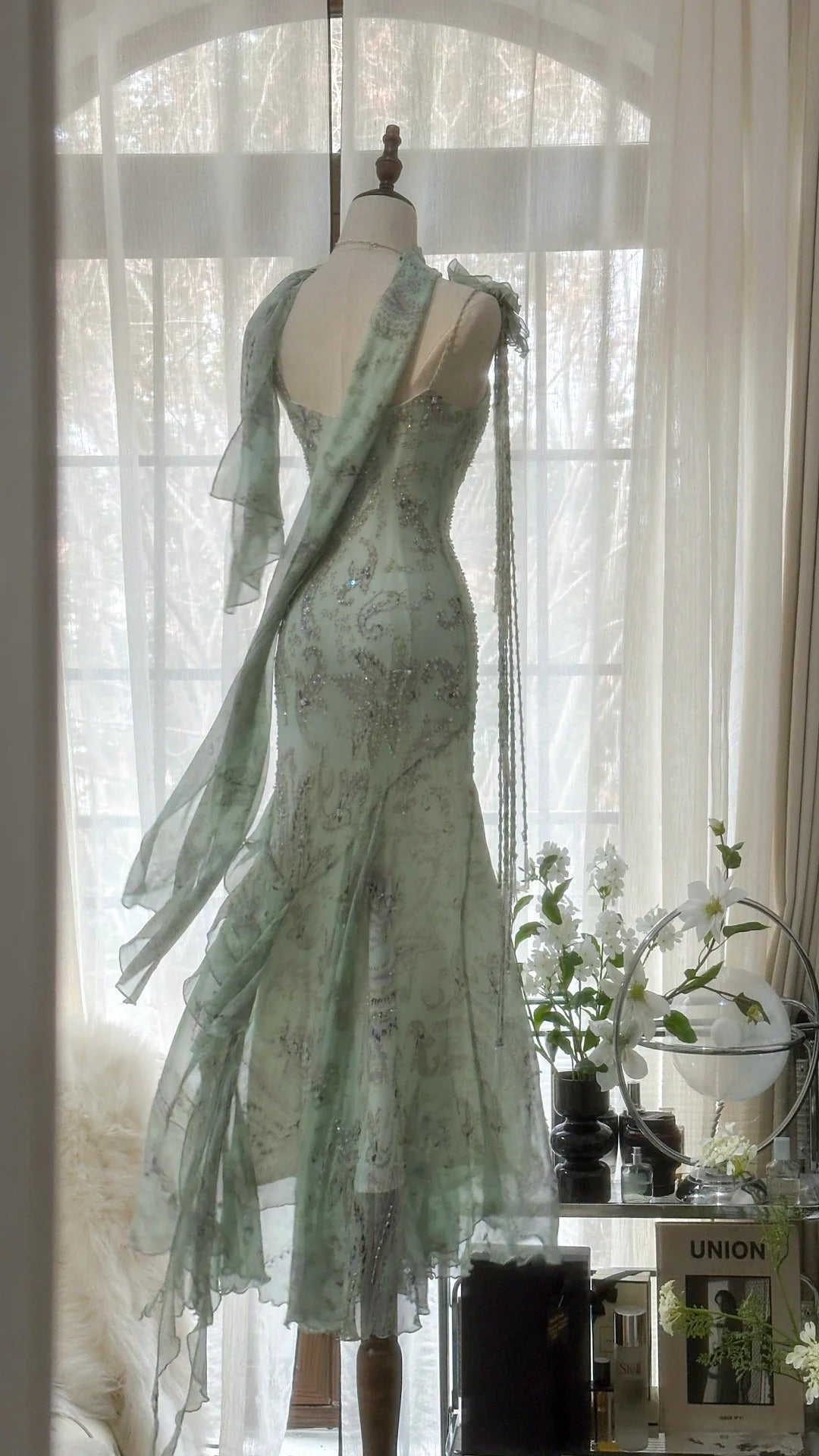 Mint Green Romantic Fashion Elegant Exquisite Beading Spaghetti Straps Long Tulle Chiffon Ruffle Ball Gown Classy Evening Dress Party Dress Secondary image