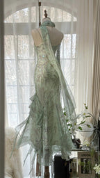 Mint Green Romantic Fashion Elegant Exquisite Beading Spaghetti Straps Long Tulle Chiffon Ruffle Ball Gown Classy Evening Dress Party Dress