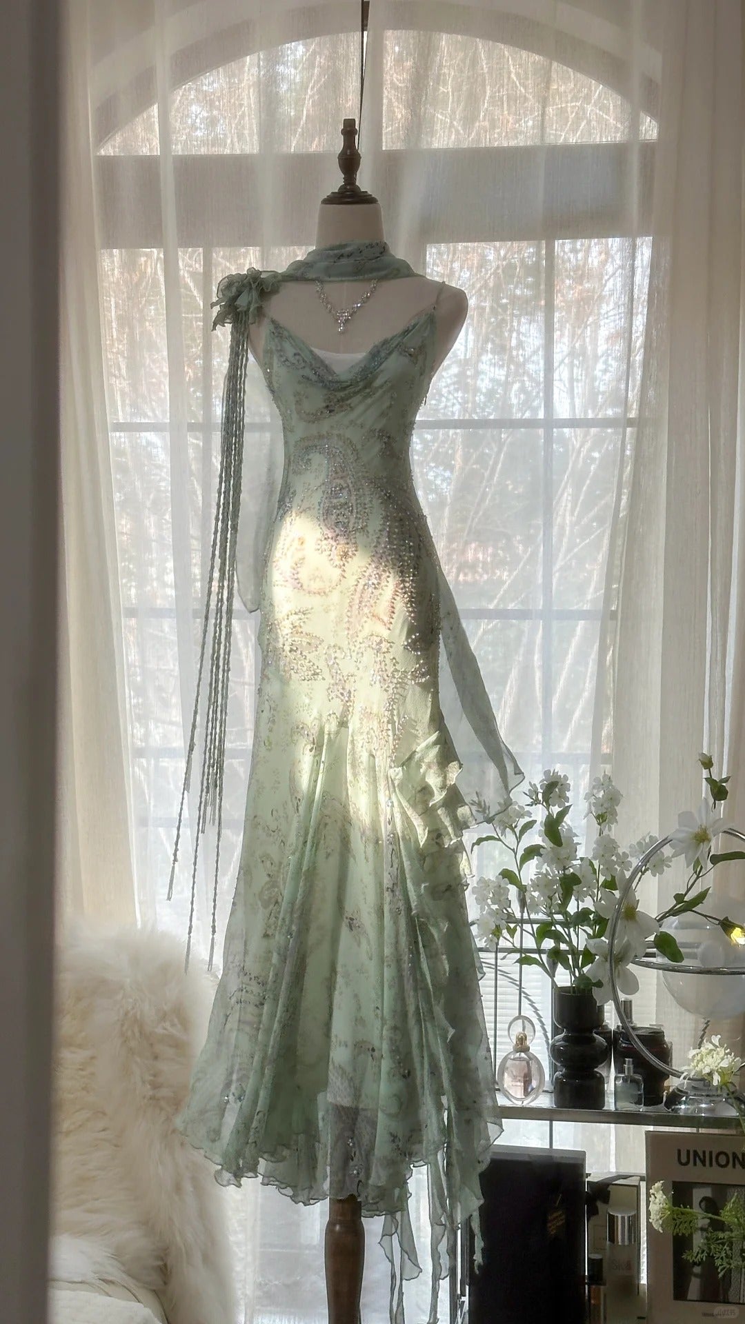 Mint Green Romantic Fashion Elegant Exquisite Beading Spaghetti Straps Long Tulle Chiffon Ruffle Ball Gown Classy Evening Dress Party Dress