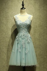 Mint Green Tulle Short Lace Beaded Knee Length Wedding Party Dress, Lovely Homecoming Dress Evening Prom Dress