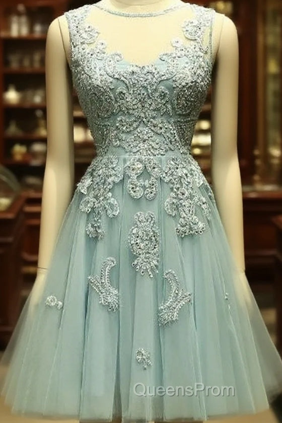Mint Green Tulle Short Lace Beaded Knee Length Wedding Party Dress, Lovely Homecoming Dress Evening Prom Dress Main image