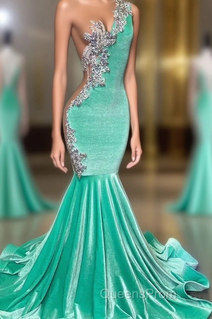 Mint Green Velvet Crstyal Sheer Mermaid Evening Prom Dress Main image