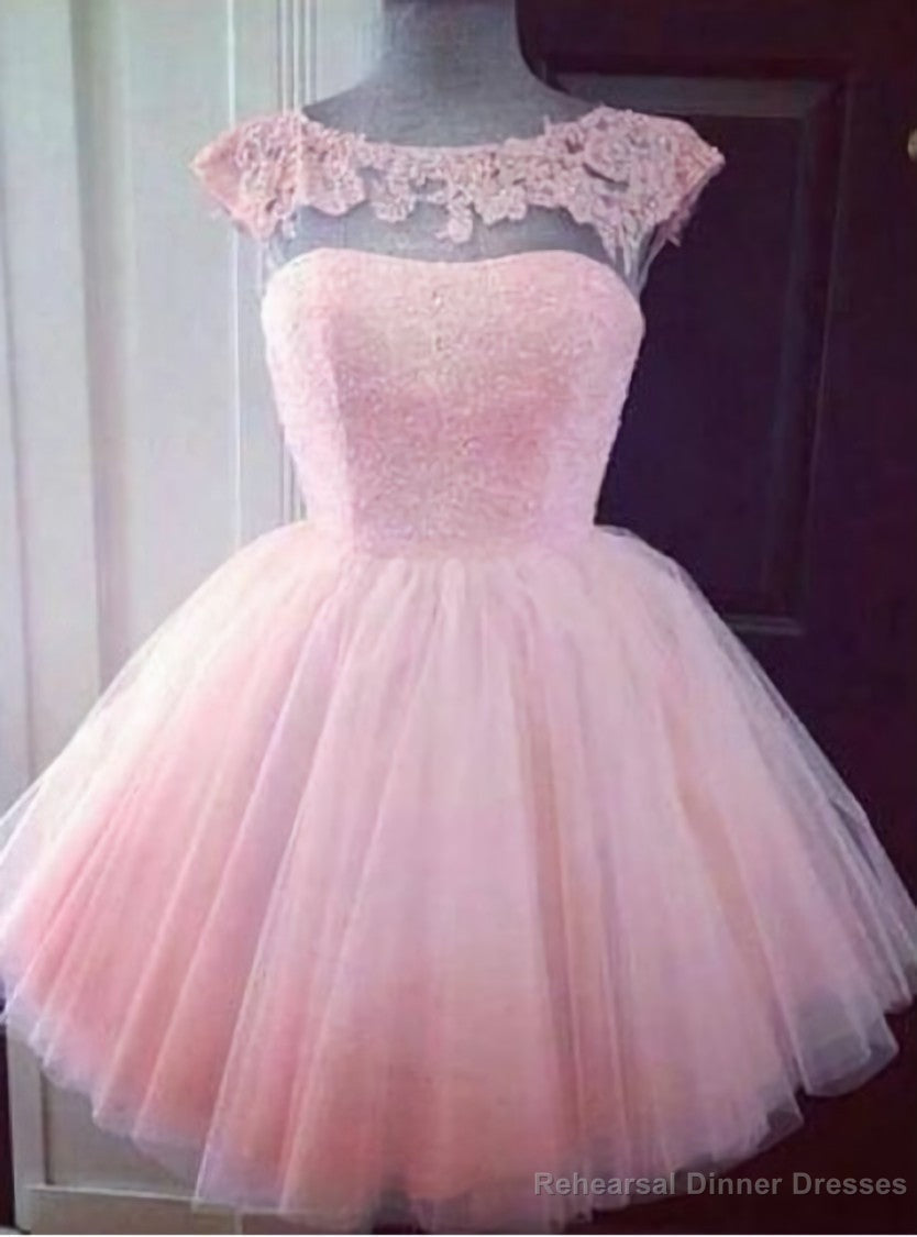 Modern A-Line School Homecoming Dresses Lace Tulle Cap Sleeve Knee Length Main image