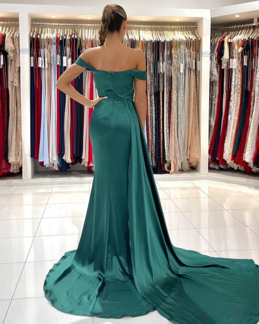 Modern Dark Green Off-The-Shoulder Slit Mermaid Prom Dresses Secondary image