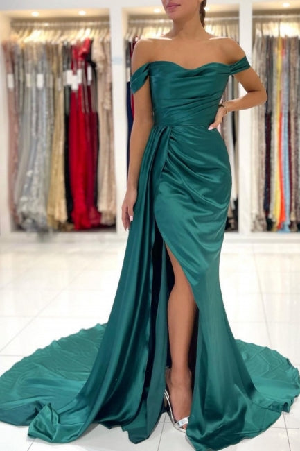 Modern Dark Green Off-The-Shoulder Slit Mermaid Prom Dresses Main image