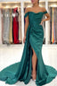 Modern Dark Green Off-The-Shoulder Slit Mermaid Prom Dresses