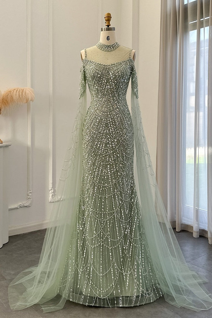 Modern High Neck Pearls Prom Dress Mermaid Long With Ruffle