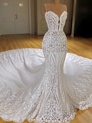 Modern Lace Mermaid Wedding Dress Spaghetti Straps Appliques Bridal Gowns