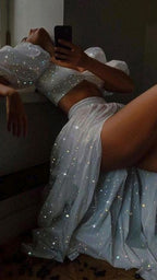 Modest 2 Pieces Sequin White Classy Prom Dress 22Th Birthday Outfit