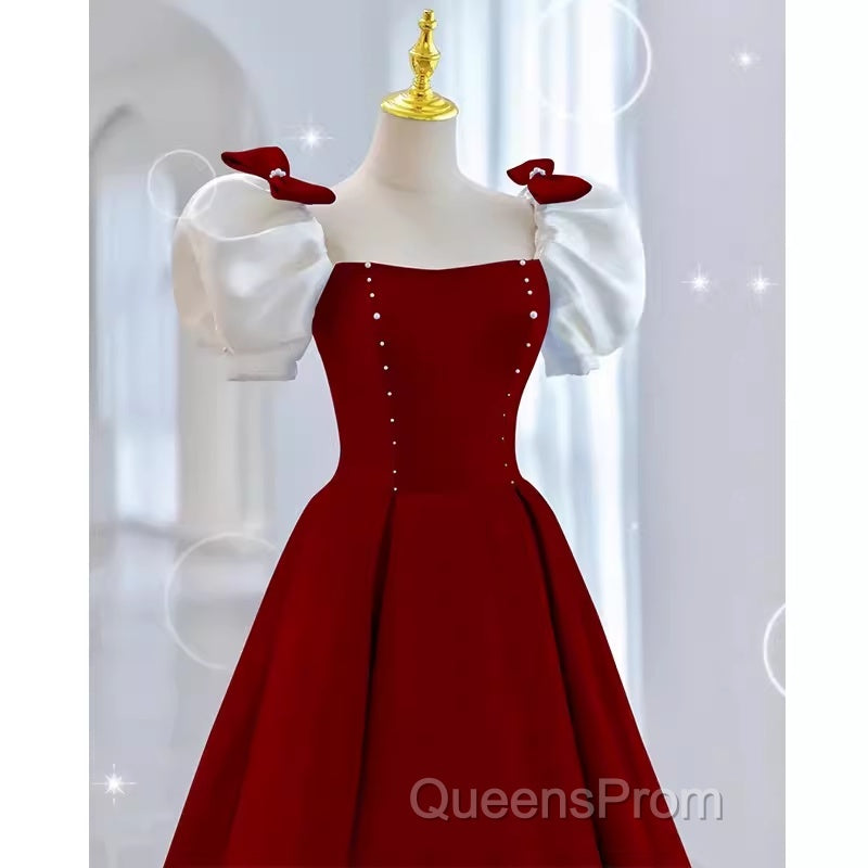 Modest A Line Long Short Sleeves Satin Red Evening Prom Dress Secondary image