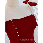 Modest A Line Long Short Sleeves Satin Red Evening Prom Dress