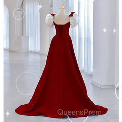 Modest A Line Long Short Sleeves Satin Red Evening Prom Dress