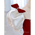 Modest A Line Long Short Sleeves Satin Red Evening Prom Dress