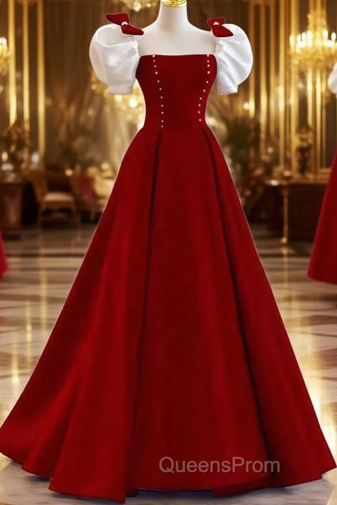 Modest A Line Long Short Sleeves Satin Red Evening Prom Dress Main image