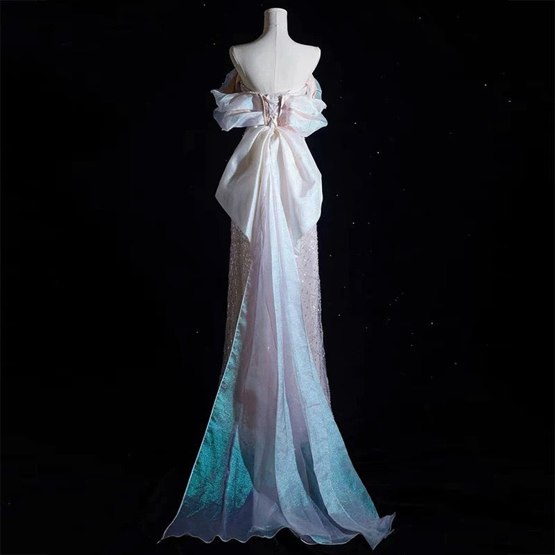 Modest A Line Off The Shoulder Pink Sequin Long Floor Length Pearls Classy Prom Dress Secondary image