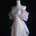 Modest A Line Off The Shoulder Pink Sequin Long Floor Length Pearls Classy Prom Dress