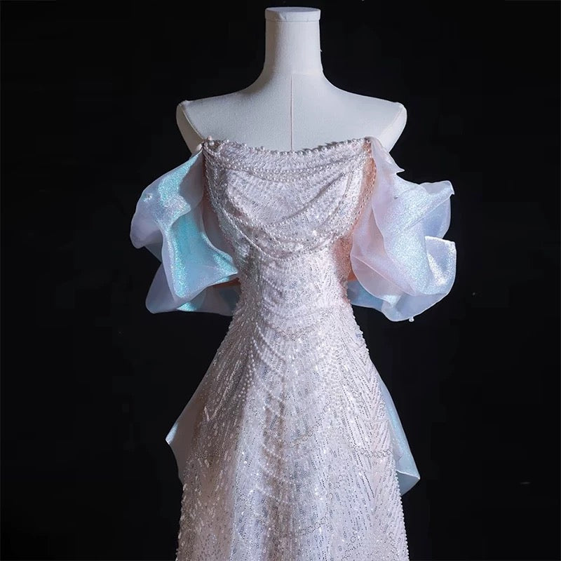 Modest A Line Off The Shoulder Pink Sequin Long Floor Length Pearls Classy Prom Dress