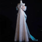 Modest A Line Off The Shoulder Pink Sequin Long Floor Length Pearls Classy Prom Dress