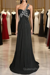 Modest A Line One Shoulder Gray Chiffon Long Evening Prom Dress Party Dress