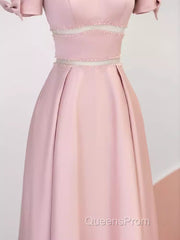 Modest A Line Short Sleeves Long Pink Evening Prom Dress