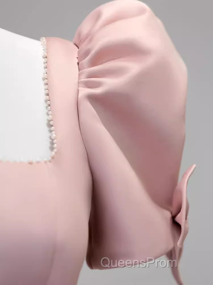Modest A Line Short Sleeves Long Pink Evening Prom Dress