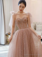 Modest A Line Spaghetti Straps Tulle Pink Evening Dress Prom Dresses