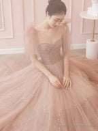 Modest A Line Spaghetti Straps Tulle Pink Evening Dress Prom Dresses