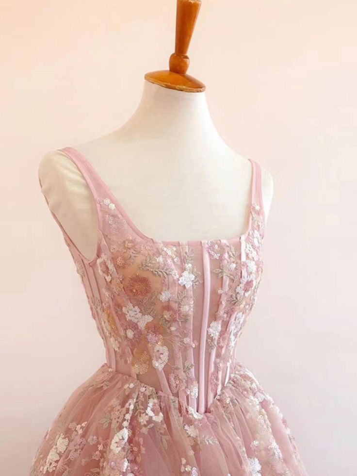 Modest A Line Square Neckline Sleeveless Pink Floral Lace Floor Length Classy Prom Dress Secondary image