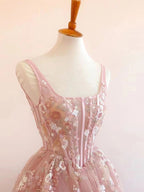 Modest A Line Square Neckline Sleeveless Pink Floral Lace Floor Length Classy Prom Dress