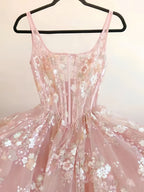 Modest A Line Square Neckline Sleeveless Pink Floral Lace Floor Length Classy Prom Dress