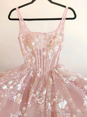 Modest A line Square Neckline Sleeveless Pink Floral Lace Floor Length Prom Dresses