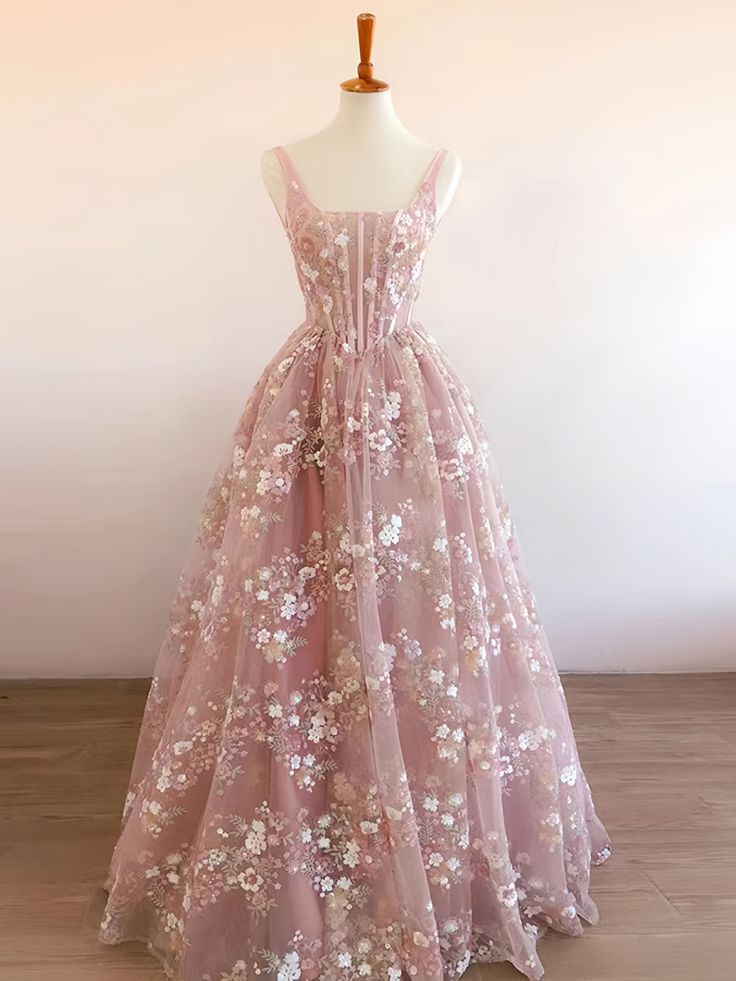 Modest A Line Square Neckline Sleeveless Pink Floral Lace Floor Length Classy Prom Dress Main image