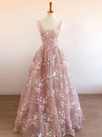 Modest A Line Square Neckline Sleeveless Pink Floral Lace Floor Length Classy Prom Dress