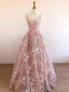 Modest A Line Square Neckline Sleeveless Pink Floral Lace Floor Length Classy Prom Dress