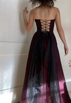 Modest A Line Strapless Burgundy Tulle Beads Long Party Dress Classy Prom Dress