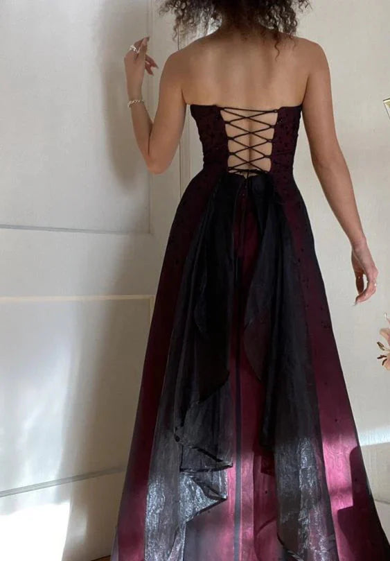 Modest A Line Strapless Burgundy Tulle Beads Long Party Dress Classy Prom Dress
