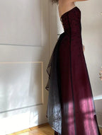 Modest A Line Strapless Burgundy Tulle Beads Long Party Dress Classy Prom Dress
