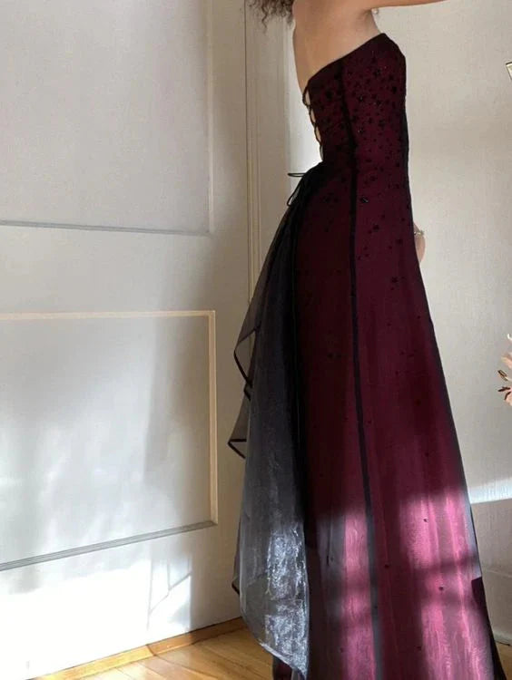 Modest A Line Strapless Burgundy Tulle Beads Long Party Dress Classy Prom Dress