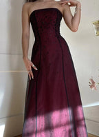 Modest A Line Strapless Burgundy Tulle Beads Long Party Dress Classy Prom Dress