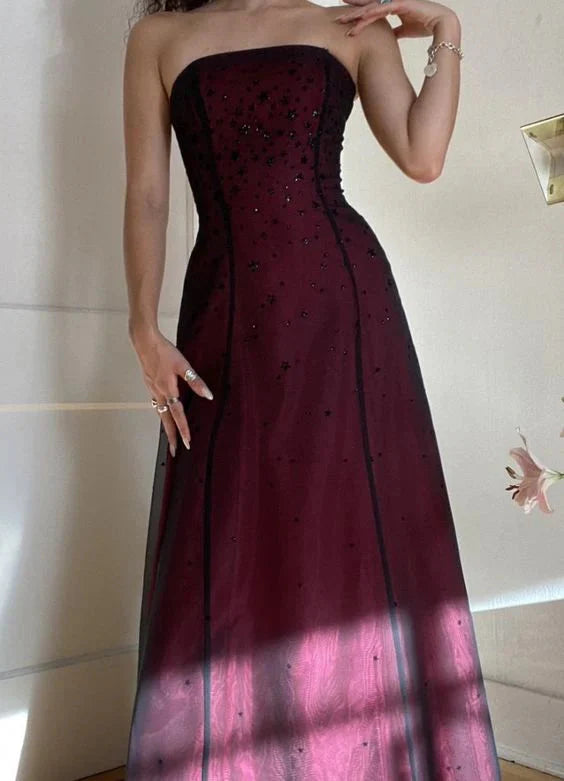Modest A Line Strapless Burgundy Tulle Beads Long Party Dress Classy Prom Dress