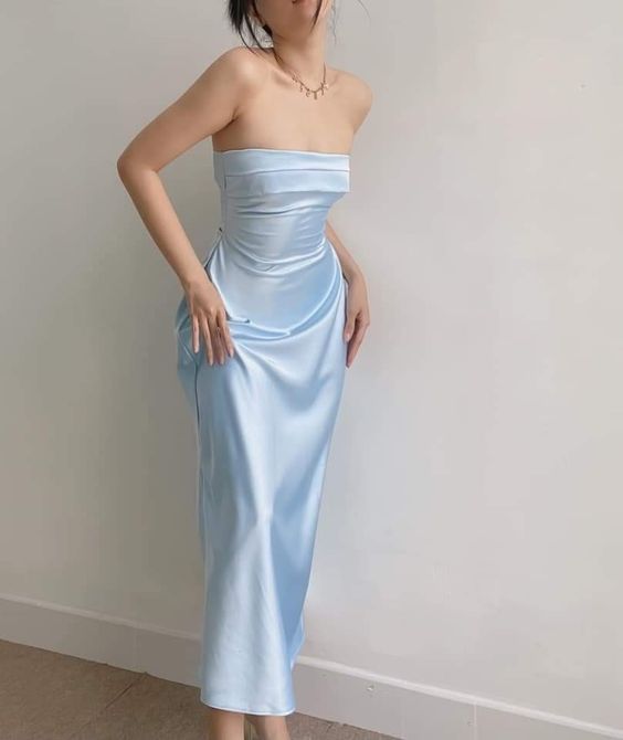 Modest A Line Strapless Long Light Sky Blue Satin Classy Prom Dress