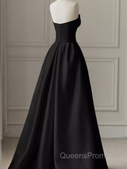 Modest A Line Strapless Long Satin Black Evening Prom Dress