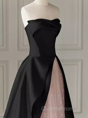Modest A Line Strapless Long Satin Black Evening Prom Dress
