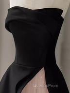 Modest A Line Strapless Long Satin Black Evening Prom Dress