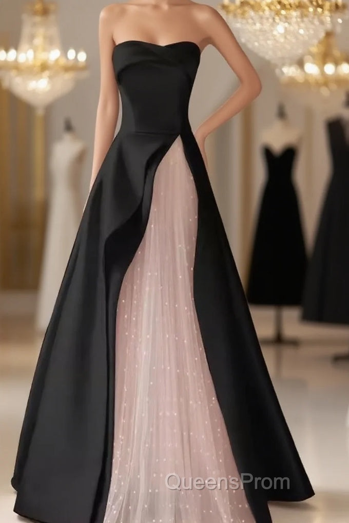 Modest A Line Strapless Long Satin Black Evening Prom Dress Main image