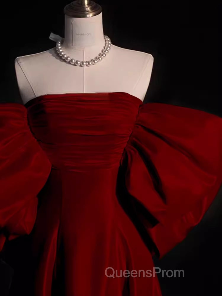 Modest A Line Strapless Long Short Sleeves Satin Red Evening Prom Dress Secondary image